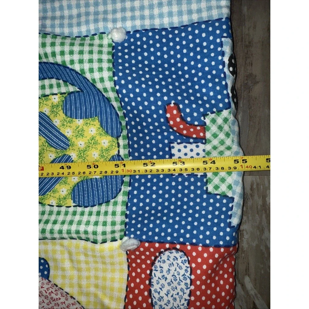 Vintage 70's Baby Child Quilt Blanket Primary Colors Train Kitten Ducks Turtle